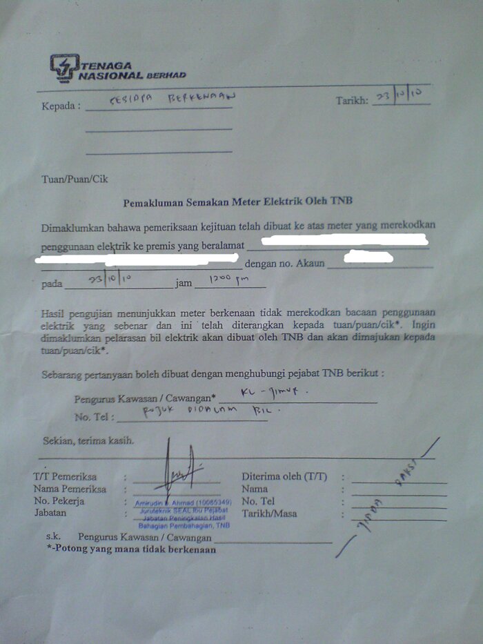 Letter from TNB – Pemakluman Semakan Meter Elektrik Misc