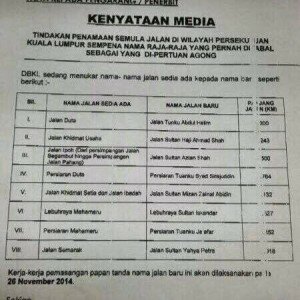 DBKL – 8 major roads in Kuala Lumpur renamed Misc